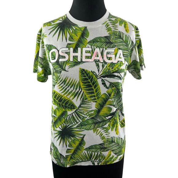 Osheaga White Green Top FESTIVAL Tropical Leaf Graphic Crew Neck Classic Size XS - Picture 1 of 10